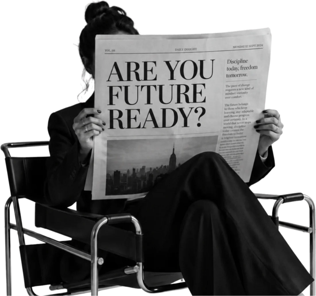 Woman reading a newspaper headlined Are You Future Ready?